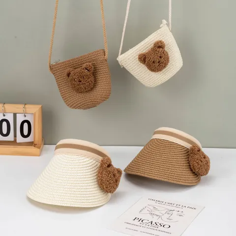 Kids Cute Bear Paper Straw Empty Top Hat And Small Crossbody Bag For Sun Protection Beach Sunshade Toddler Girls Boys
