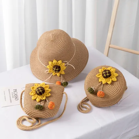 Kids Summer Sunflower Straw Hat Crossbody Bag Set Sun Protection Wide Brim Beach Hat For Girls Women Outdoor Vacation