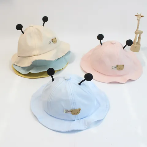 Cute Baby Fisherman Hat Cartoon Bear Sun Protection Cotton Bucket Hat With Plush Balls Antennae For Toddler Infants Sunhat