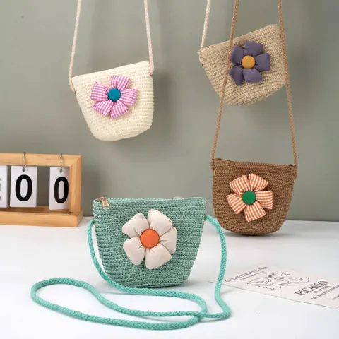 Bolso Bandolera de Paja Tejida con Flores para Niños Mini Monedero Hecho a Mano para Niñas Bolso de Playa de Verano con Cremallera