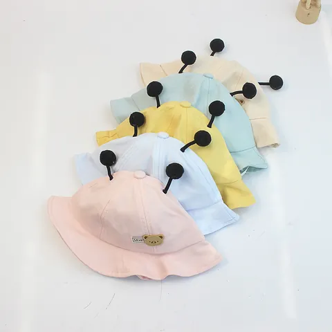 Cute Baby Fisherman Hat Cartoon Bear Sun Protection Cotton Bucket Hat With Plush Balls Antennae For Toddler Infants Sunhat