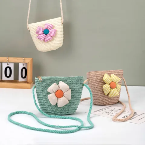 Bolso Bandolera de Paja Tejida con Flores para Niños Mini Monedero Hecho a Mano para Niñas Bolso de Playa de Verano con Cremallera