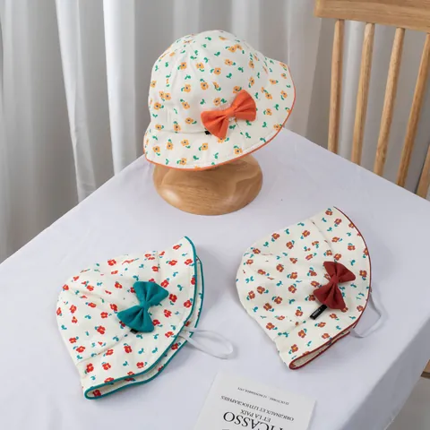 Baby Girls Sweet Floral Bucket Hat Cotton Breathable Sun Protection Summer Fisherman Cap With Bow For Infant Toddler