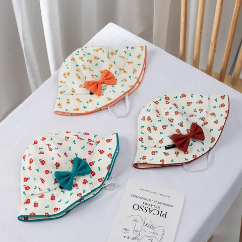 Baby Girls Sweet Floral Bucket Hat Cotton Breathable Sun Protection Summer Fisherman Cap With Bow For Infant Toddler