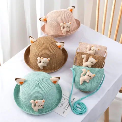 Kids Straw Sun Hat And Crossbody Bag Cute Cartoon Cat Ear Summer Beach Sun Protection Woven Hat For Boys Girls