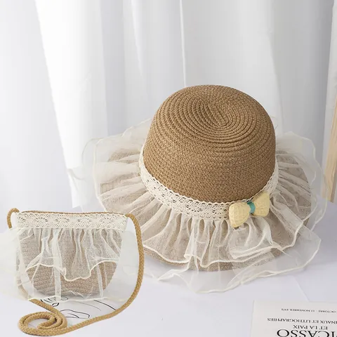 Bambini Ragazze Dolce Principessa Cappello di Paglia E Borsa a Tracolla Con Fiocco Increspato in Pizzo a Rete Cappello da Spiaggia Intrecciato a Tesa Larga Per Vacanze Estive