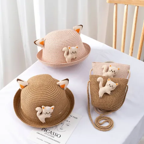 Kids Straw Sun Hat And Crossbody Bag Cute Cartoon Cat Ear Summer Beach Sun Protection Woven Hat For Boys Girls