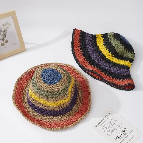 Cappello da Sole in Paglia di Carta a Strisce Arcobaleno da Donna Intrecciato a Mano Bordo Ondulato Ala Larga Secchiello per Estate Viaggio Spiaggia