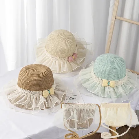 Bambini Ragazze Dolce Principessa Cappello di Paglia E Borsa a Tracolla Con Fiocco Increspato in Pizzo a Rete Cappello da Spiaggia Intrecciato a Tesa Larga Per Vacanze Estive