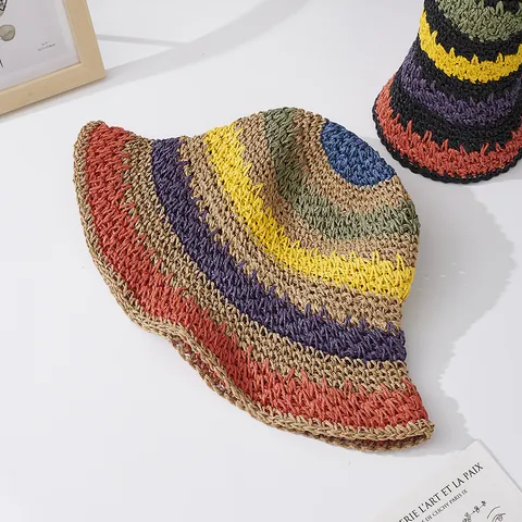 Cappello da Sole in Paglia di Carta a Strisce Arcobaleno da Donna Intrecciato a Mano Bordo Ondulato Ala Larga Secchiello per Estate Viaggio Spiaggia