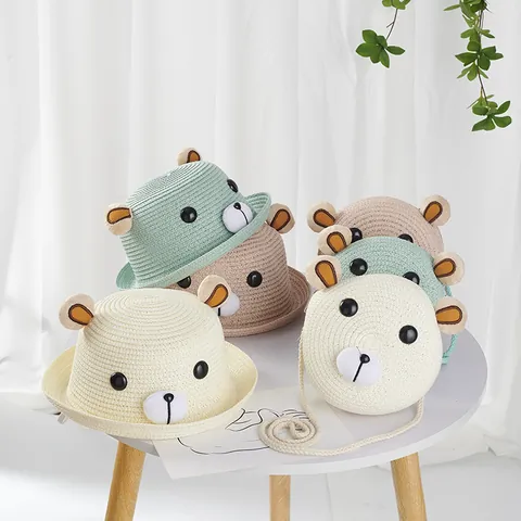 Kids Summer Paper Straw Hat And Bag Set Cute Cartoon Bear Ear Sun Protection Breathable Shading Beach Travel For Boys Girls