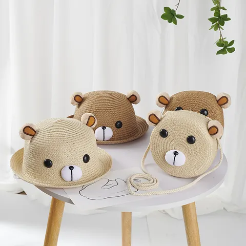 Kids Summer Paper Straw Hat And Bag Set Cute Cartoon Bear Ear Sun Protection Breathable Shading Beach Travel For Boys Girls