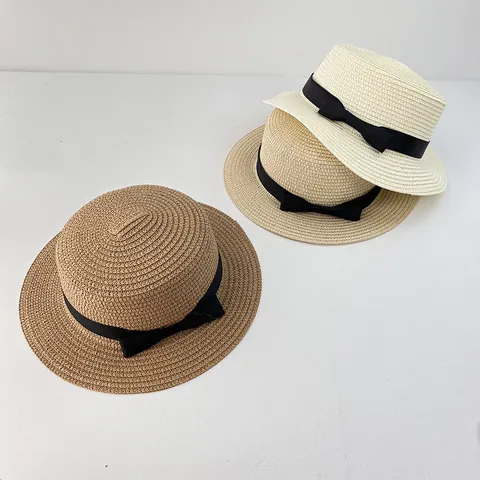Women Girls Straw Boater Hat With Black Ribbon Bow Summer Sun Protection Beach Vacation Travel Parent-Child Flat Top Straw Hat