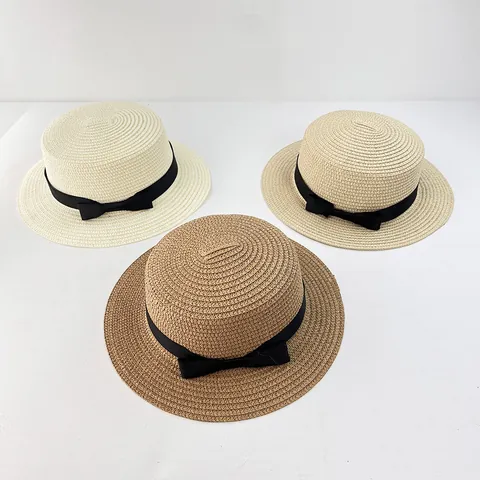 Women Girls Straw Boater Hat With Black Ribbon Bow Summer Sun Protection Beach Vacation Travel Parent-Child Flat Top Straw Hat