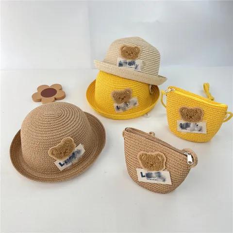 Kids Summer Straw Sun Hat And Crossbody Bag Set Breathable Sun Protection Rolled Brim Round Top Cartoon Bear Decor