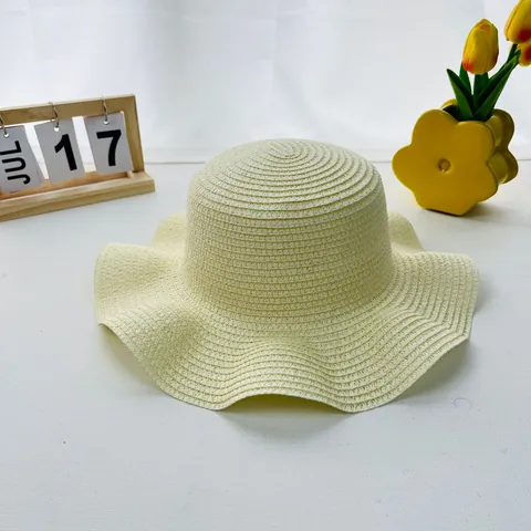 Women Kids Summer Straw Braid Sun Hat Large Wave Brim Foldable Breathable Beach Vacation Sunscreen Fedora Straw Hat