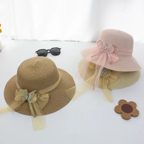 Damen Sommer Strohgeflecht Sonnenhut Breite Wellenkante Netzschleife Schmetterling Perlenimitat Dekoration Strand Reise Outdoor Sonnenschutz Hut
