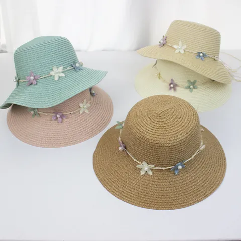 Damen Mädchen Sommer Stroh Sonnenhut Breite Krempe Wellenkante 3D Blumen Perle Dekoration Strand Urlaub Reise Hut