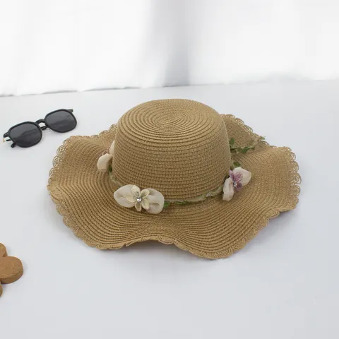 Damen Kinder Sommer Strohhut Mit Blumen Reben Strass Breite Krempe Wellenkante Atmungsaktiv Faltbar Strand Sonnenschutz Hut