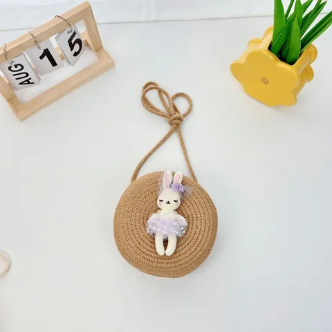Kinder Strohgeflecht Kreisförmige Umhängetasche Mit Süßer Hasenpuppe Dekoration Sommer Strand Crossbody Tasche Für Kleine Mädchen
