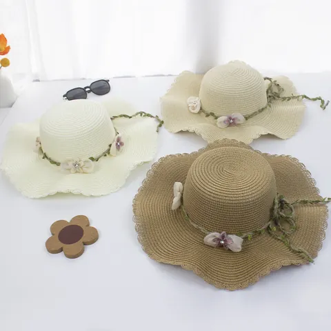 Damen Kinder Sommer Strohhut Mit Blumen Reben Strass Breite Krempe Wellenkante Atmungsaktiv Faltbar Strand Sonnenschutz Hut
