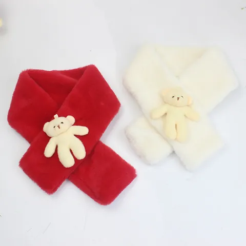 Kids Winter Plush Scarf Cartoon Bear Faux Rabbit Fur Neck Warmer Soft Thick Thermal Neck Scarf For Boys Girls Outdoor Warm Accessory