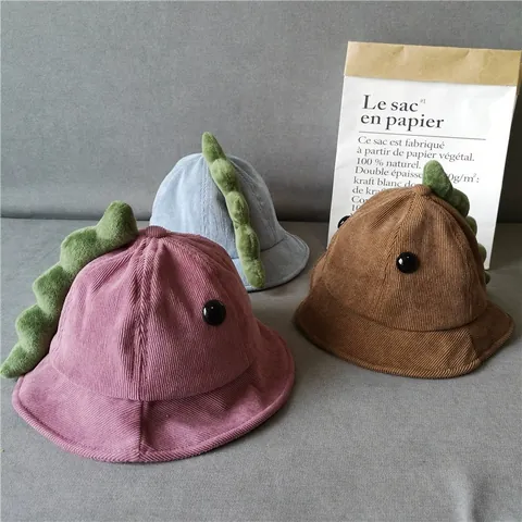 Kids Cartoon Dinosaur Corduroy Bucket Hat Autumn Winter Soft Warm Fisherman Cap For Baby Toddler Boys Girls Outdoor Sun Protection Windproof Hat