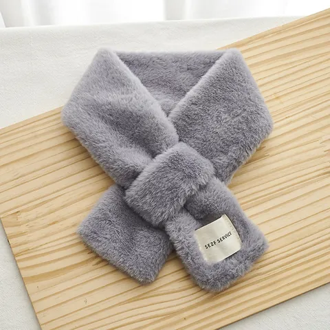 Women Kids Winter Faux Fur Cross Wrap Scarf Thickened Thermal Neck Warmer Soft Plush Scarf With Letter Patch Fashion Accessory