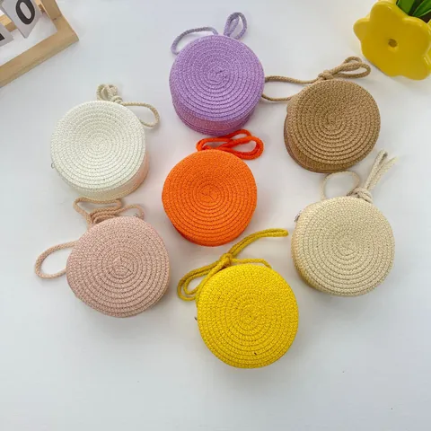 Kids Straw Woven Mini Crossbody Bag Round Small Shoulder Purse For Toddler Boys Girls Travel Cute Handwoven Coin Pouch