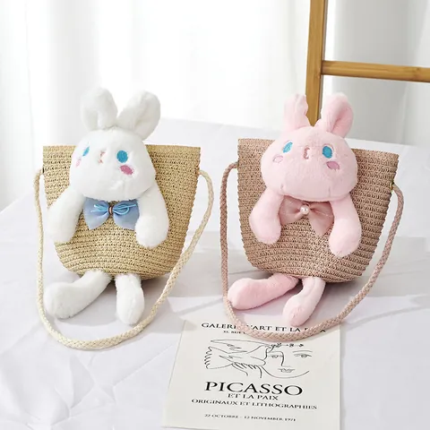 Kids Mini Straw Crossbody Bag With Cute Plush Rabbit Decoration Cartoon Animal Shoulder Bag For Little Girls Summer Fashion