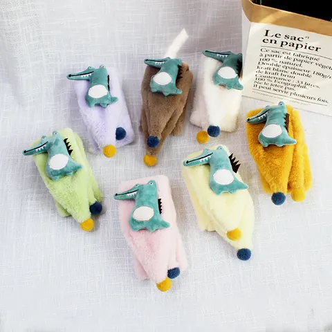 Kids Winter Warm Plush Scarf Cartoon Crocodile Mouse Decoration Cross Faux Fur Neck Warmer With Pom-poms Children Scarf