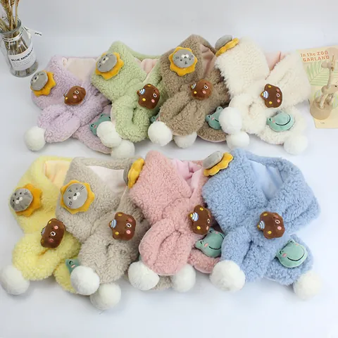 Kids Cute Cartoon Animal Plush Scarf Winter Warm Faux Wool Neck Warmer With Pom Poms For Toddler Boys Girls Outdoor Accessory