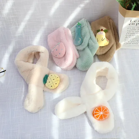 Children Winter Plush Scarf Faux Fur Neck Warmer Cute Cartoon Fruit Vegetable Kids Boys Girls Warm Cross Scarf
