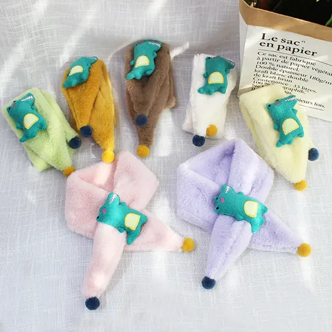 Kids Winter Warm Plush Scarf Cartoon Crocodile Mouse Decoration Cross Faux Fur Neck Warmer With Pom-poms Children Scarf