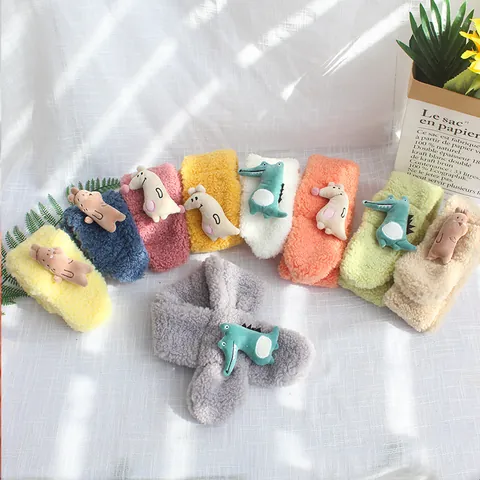 Winter Kids Cartoon Animal Lamb Wool Scarf Warm Soft Plush Neck Warmer For Boys Girls Cute 3D Bear Crocodile Kangaroo Scarf