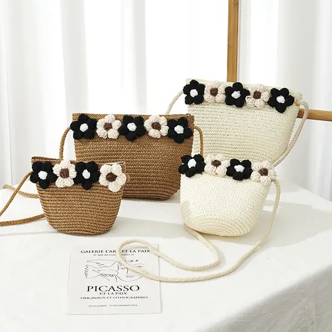 Borsa a Tracolla in Paglia di Carta Fatta a Mano per Bambini Con Fiore all'Uncinetto Mini Borsa a Tracolla per Ragazze Stile Pastorale per Bambini