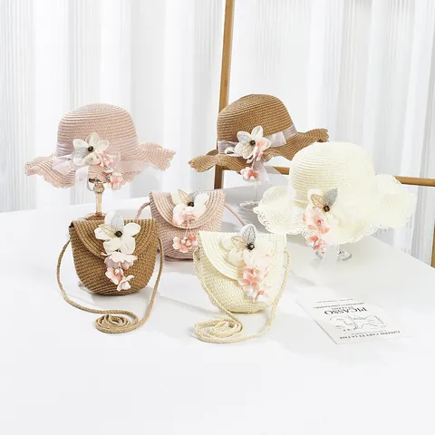 Cappello di Paglia Estivo per Donna e Bambini Con Decorazione Floreale Bordo Ondulato Protezione Solare Cappello da Mare e Borsa a Tracolla in Paglia