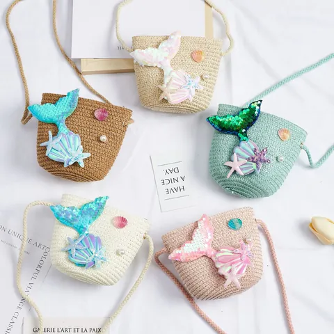 Kids Girls Straw Woven Crossbody Bag Mermaid Tail Shell Artificial Pearl Decoration Summer Beach Mini Shoulder Coin Purse For Children