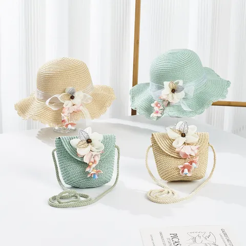 Cappello di Paglia Estivo per Donna e Bambini Con Decorazione Floreale Bordo Ondulato Protezione Solare Cappello da Mare e Borsa a Tracolla in Paglia