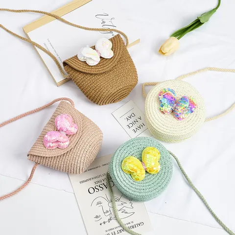 Kids Straw Crossbody Bag Cute Sequin Butterfly Mini Shoulder Bag Summer Woven Coin Purse Beach Vacation Gift For Girls
