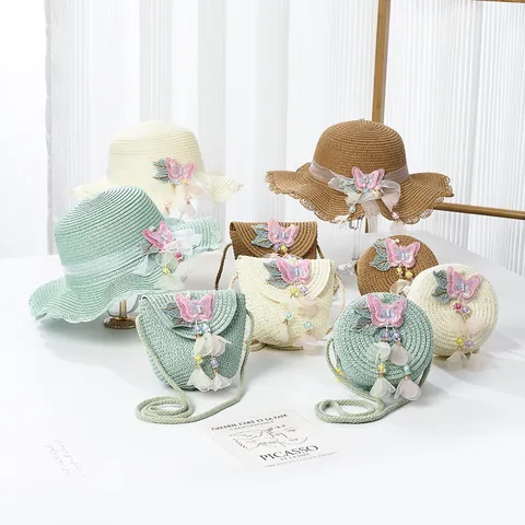 Sommer Papierstroh Sonnenhut Und Tasche Für Mädchen Damen Mit Schmetterling Blumen Spitze Dekoration Sonnenschutz Strandhut