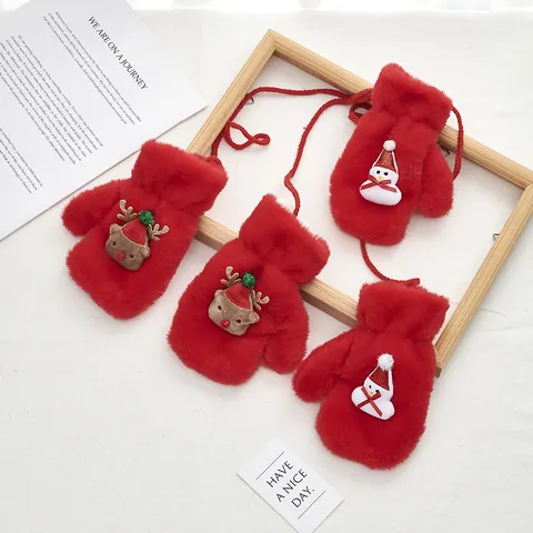 Children Christmas Plush Mittens With Hanging Neck Strap Thick Faux Fur Reindeer Snowman Santa Warm Winter Kids Gloves