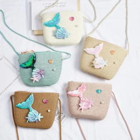 Kids Girls Straw Woven Crossbody Bag Mermaid Tail Shell Artificial Pearl Decoration Summer Beach Mini Shoulder Coin Purse For Children
