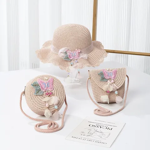 Sommer Papierstroh Sonnenhut Und Tasche Für Mädchen Damen Mit Schmetterling Blumen Spitze Dekoration Sonnenschutz Strandhut