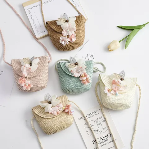 Girls Cute Straw Woven Crossbody Bag With Butterfly Embroidery 3D Flower Pearl Tassel For Summer Beach Vacation Kids Purse