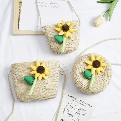 Cute Kids Straw Crossbody Bag Mini Sunflower Woven Purse For Girls Summer Beach Shoulder Bag Handmade Flower Small Handbag