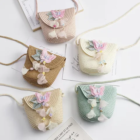 Girls Cute Straw Woven Crossbody Bag With Butterfly Embroidery 3D Flower Pearl Tassel For Summer Beach Vacation Kids Purse