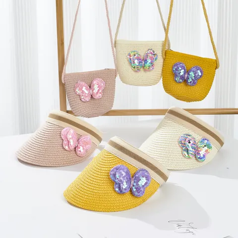 Summer Kids Straw Topless Sun Hat And Straw Crossbody Bag Set With Sequin Butterfly Rabbit For Girls Vacation Beach