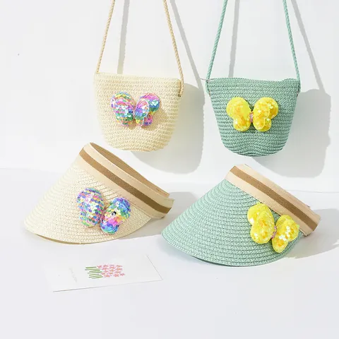 Summer Kids Straw Topless Sun Hat And Straw Crossbody Bag Set With Sequin Butterfly Rabbit For Girls Vacation Beach