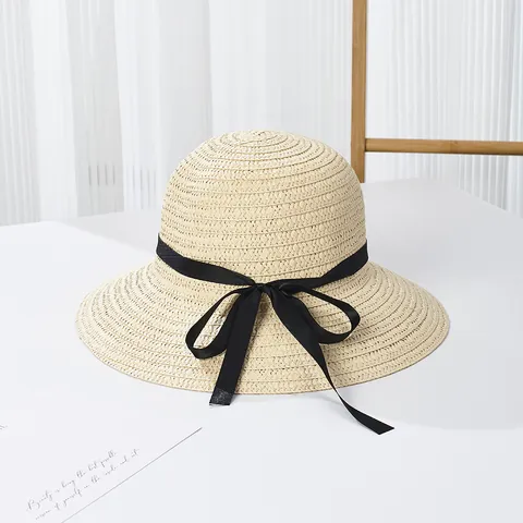 Women Sun Straw Hat Wide Brim Summer Beach Sunshade Cap With Black Ribbon Bow Breathable Travel Outdoor Vacation Hat